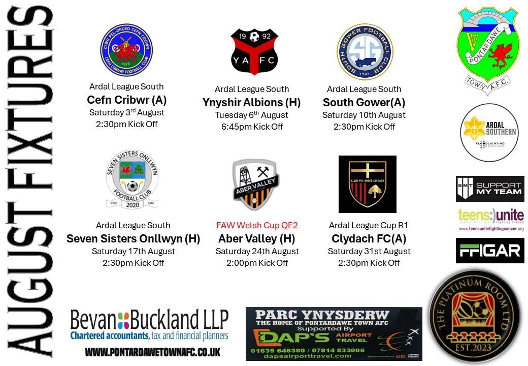 On Tuesday we welcome <a href="/YAFCthebuns/">Ynyshir Albions FC</a> to Parc Ynysderw #UppaTown

🏆<a href="/ArdalSouthern/">Ardal Southern</a>
🕖7pm
🎟️£5/£3 Conc/U16s free [Cash Only] 
☕️🍔Refreshments from 6:30pm 
🍻Post Match <a href="/PontardaweRFC/">Pontardawe RFC</a> 

Thank you to our main sponsors :
<a href="/platinumroomltd/">ThePlatinumRoom</a> 
<a href="/bevanbuckland/">Bevan Buckland LLP</a> 
<a href="/ffigar/">Ffigar Sports Ltd</a> 
@DapsAirportTravel
