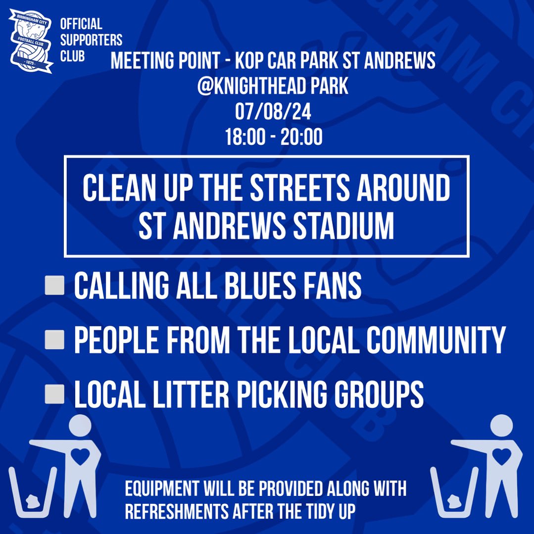 OSCBCFC's tweet photo. This is an open invite to Birmingham City supporters and people in the local community

The OSC is teaming up with @BCFC and local community litter picking groups to help make the area around St. Andrews@Knighthead Park greener and cleaner.

#KRO / #BCFC / #bcfcOSC / #lovebrum https://t.co/PFO0zfyZzJ
