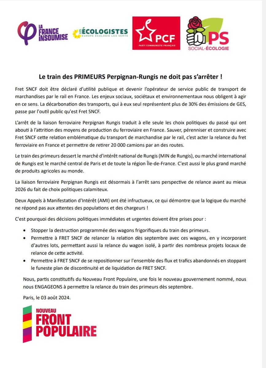Le Train des Primeurs est un enjeu majeur pour notre territoire !
Plus largement le développement du Fret Ferroviaire est un enjeu économique et écologique pour notre #Payscatalan.
 #NouveauFrontPopulaire
<a href="/PScatalan66/">Fédération Catalane du Parti Socialiste</a> <a href="/partisocialiste/">Parti socialiste</a>
