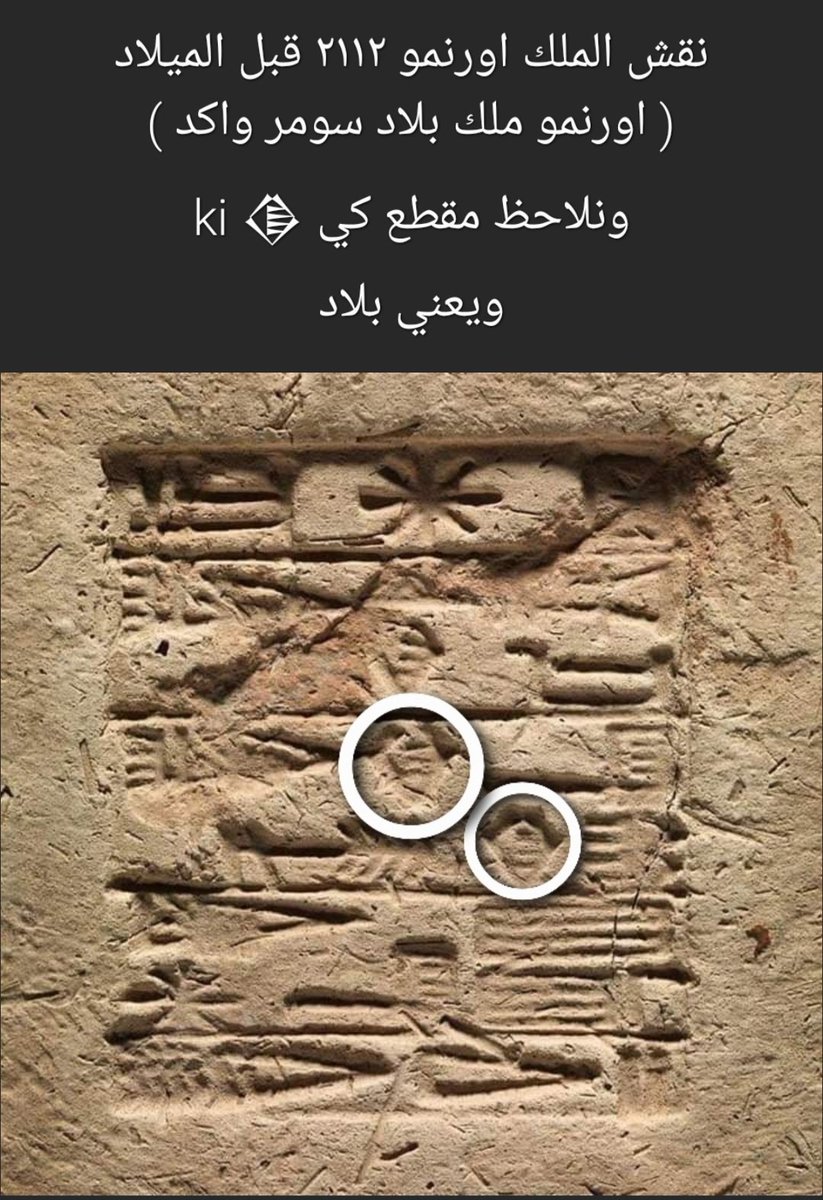 Mesopotami_iraq's tweet photo. كي ،، ارض بالسومرية والاكدية 𒆠
أواخر عصر السلالات- أي قبل العصر الأكدي – ظهر مصطلحان أحدهما" بلاد سومر" بالسومرية "كي - إين- جي"  (Ki-en-gi)، للقسم الجنوبي من ��لسهل الرسوبي العراق، والمصطلح الآخر" بلاد أكد" وبالسومرية ، "كي – أوري" (Ki-uri)، للقسم الأوسط من البلاد والمصطلحين لهما دلالة جغرافية (Ki-En-Gi) معناها حسب كل مقطع أو علامة، أرض (Ki)، سيد (En)، القصب (Gi)، وهي المنطقة الجنوبية من السهل الرسوبي العراق التي يكثر فيها القصب،،واطلق سكان بلاد الرافدين على دلمون بالسومرية والاكدية  𒉌𒌇𒆠 ni.tukk. ki ارض الخلود ، الحياة) 
فهنا مقطع ki 👈𒆠 يعني بلاد ، ارض ،، مدن ،، ويشير لاسماء البلدان والمدن ويكتب حتى يتم تمييز ان الكلمه السابقة لها هي ارض وبلاد ،، ونرفق نقش الملك السومري اورنمو ( اورنمو ملك بلاد سومر واكد ) ونجد المقطع واضح في النقش،،