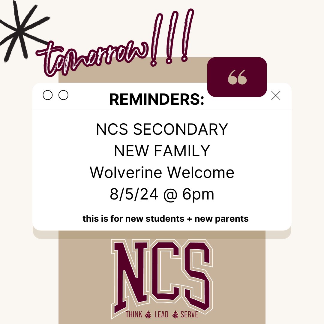 NCSCovington's tweet image. REMINDER: Tomorrow is the Secondary Wolverine Welcome for new parents and students entering 7th - 12th grade!

See you there!