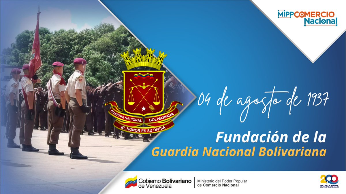 Efemérides| Hoy #4Ago se celebran 87 años de la fundación de la Guardia Nacional Bolivariana. 

Gracias a los hombres y mujeres honorables de la Patria que con profunda entrega velan por la paz y bienestar del pueblo venezolano.

#VenezuelaPazYJusticia