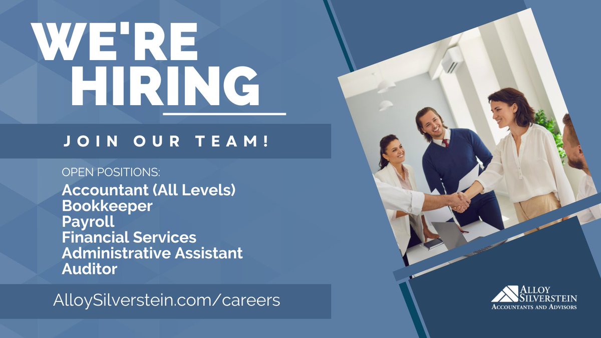 AlloyCPAs's tweet image. Learn more about how you can fit into Team Alloy today at bit.ly/3h8luZo.

#AlloySilverstein #TeamAlloy #hiring #werehiring #accounting #accountant #CPA #payroll #bookkeeper #bookkeeping