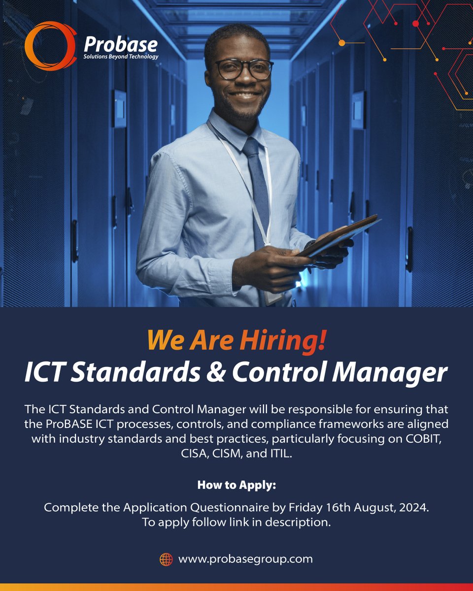 probasegroup's tweet photo. We Are Hiring!
ICT Standards and Control Manager

Apply now:
Complete the Application Questionnaire by Friday 16th August, 2024: https://t.co/9RmQ0ZFMEJ https://t.co/ZJbHVGHWDo