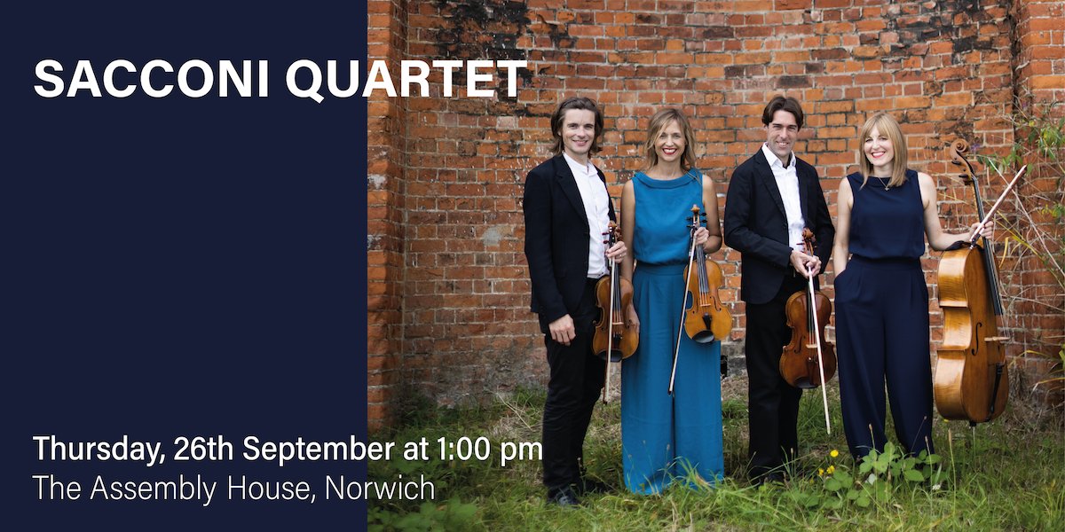 We are excited to have <a href="/sacconiquartet/">Sacconi Quartet</a> performing for our lunchtime concert series at The Assembly House - Thursday 26th September at 1:00 pm
<a href="/Assembly_House/">Assembly House</a> #Norwich  #NorwichEvents #ClassicalMusic #LivePerformance
Find out more eventbrite.com/cc/assembly-ho…