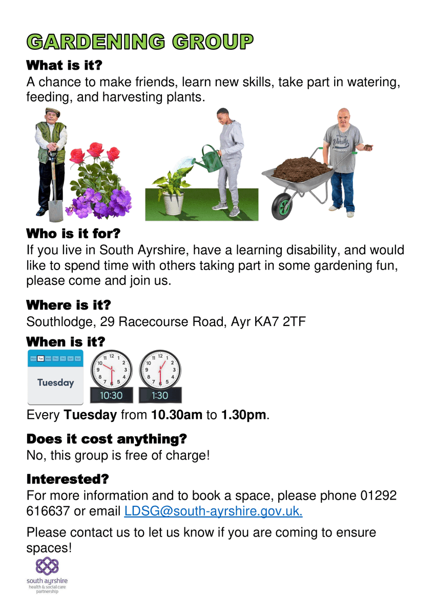 📢 New Gardening Group 🌻

If you live in South Ayrshire, have a learning disability, and would like to spend time with others taking part in some gardening fun, please come and join us. 

📅 Every Tuesday 10.30am - 1.30pm
🗺️ Southlodge, 29 Racecourse Road, Ayr
