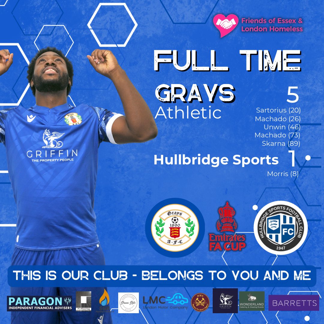 Grays Athletic Football Club (@graysathleticfc) on Twitter photo The Blues are through to the next round of the <a href="/EmiratesFACup/">Emirates FA Cup</a> FA cup after an emphatic 5-1 win over Hullbridge sports today at the EMR Stadium. The Blues are through to the next round of the <a href="/EmiratesFACup/">Emirates FA Cup</a> FA cup after an emphatic 5-1 win over Hullbridge sports today at the EMR Stadium.