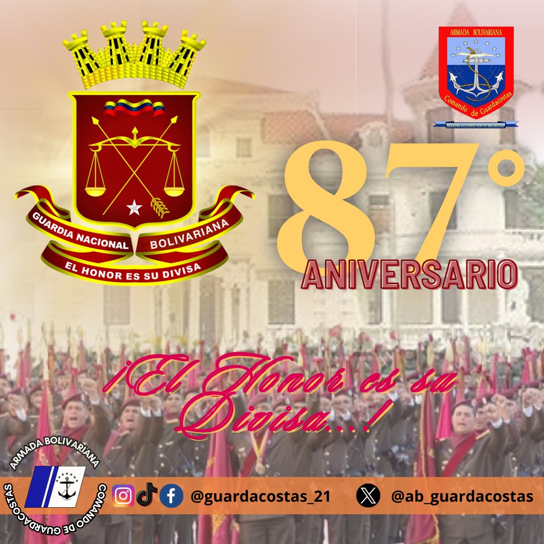 El <a href="/AB_Guardacostas/">Comando de Guardacostas</a> FELICITA a Nuestra <a href="/GnbGaranteDePaz/">GNB Garantía de Paz!!!</a> por arribar a 87 años al servicio de Nuestra Patria,, símbolo de seguridad, lealtad inquebrantable y garantía de que la Paz siga reinando para Nuestro Pueblo siempre bajo la consigna "El Honor es su Divisa".  ¡BZ!
