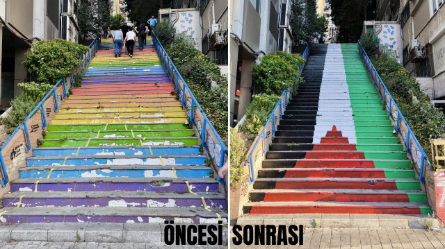 🇵🇸 İstanbul Beyoğlu'nda bulunan Cihangir merdivenleri #Filistin bayrağı renklerine boyandı