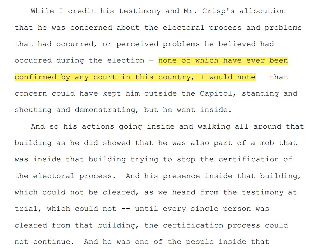 Chutkan suggesting that because no court found evidence of election fraud (most cases dismissed without holding any proceedings), an American can't believe the 2020 election was stolen.

Again, this is her just three weeks ago. Now she's presiding over Trump's J6 case??