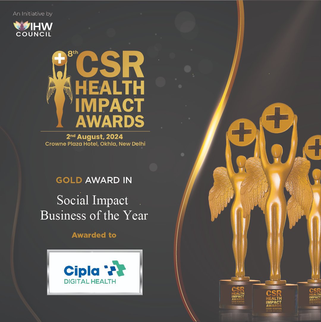 IHWCouncil's tweet photo. Congratulations to Cipla Digital Health Limited for securing the Gold award for Social Impact Business of the Year at the #CSRHealthAwards!  

#CSRHealth #CSR #CSR4Health https://t.co/sgvGpfqNJW