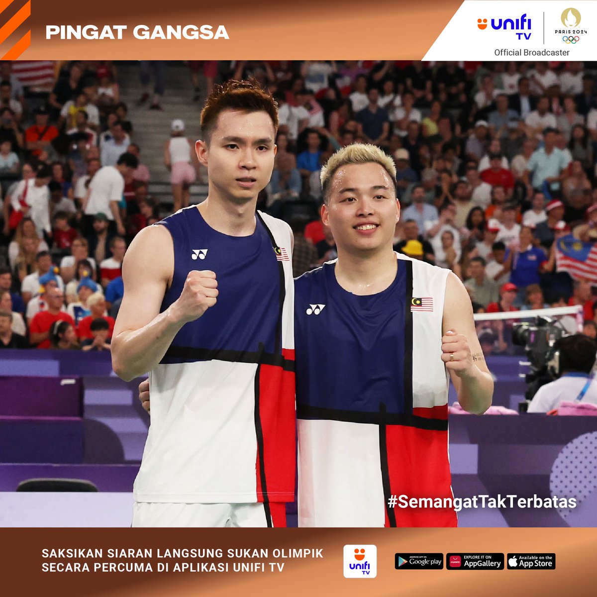 UnifiSports's tweet photo. Pingat pertama 🇲🇾 di #Paris2024 &amp; Gangsa 🥉 #Olympics kedua untuk Chia/Soh! 🥳

Saksikan siaran langsung sukan Olimpik Paris 2024 secara percuma di aplikasi Unifi TV📱 Muat turun aplikasi Unifi TV - https://t.co/8Z4MaGvW2s iOS &amp; Android

#KamiTeamMalaysia #SemangatTakTerbatas https://t.co/TbbFCbPviW
