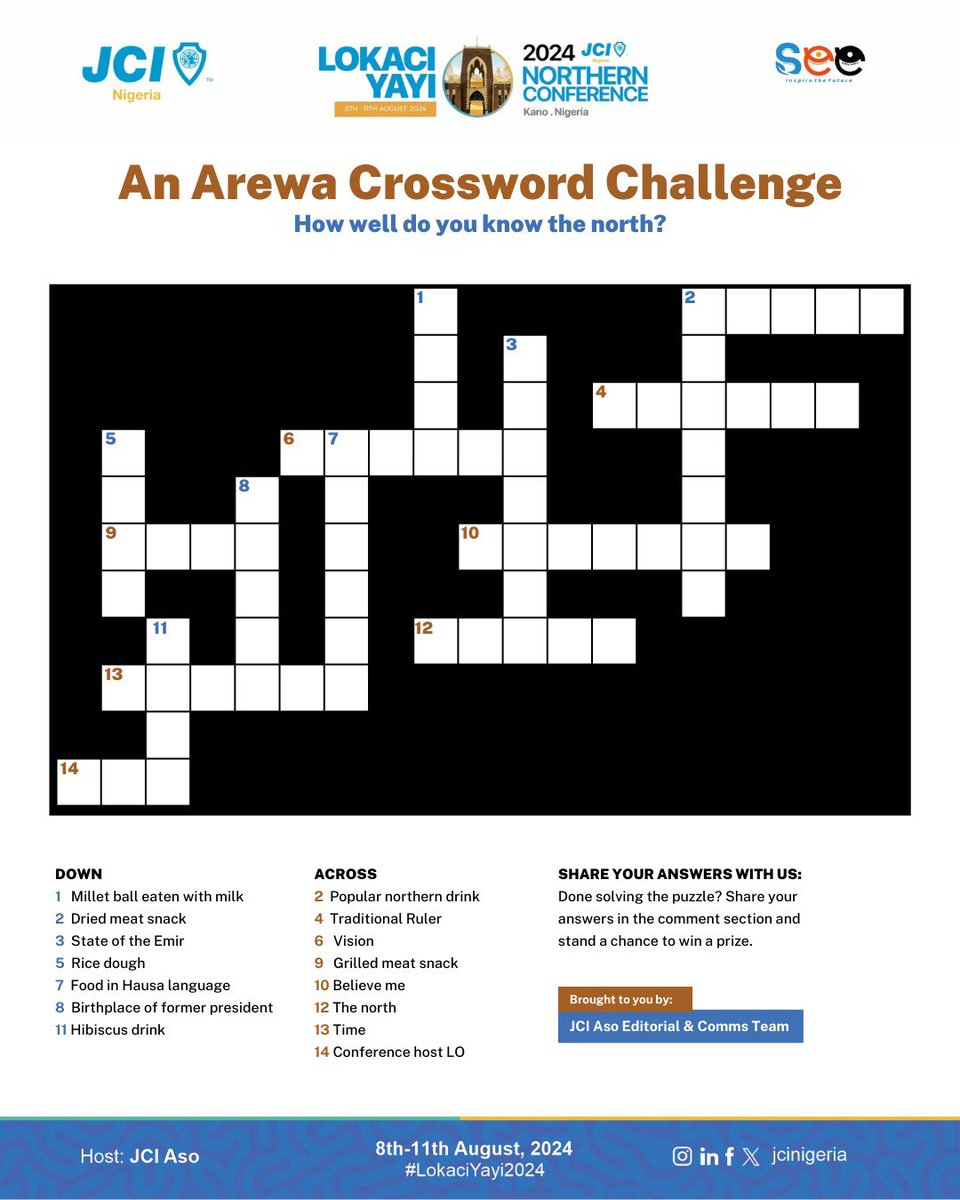 We can't wait for you to explore Kano and to get you started, come play a quick Crossword Puzzle with us.

How many of these words can you figure out? Share your answers in the comment section and stand a chance to win airtime prizes.

#SEE 
#InspireTheFuture
#JCINigeria