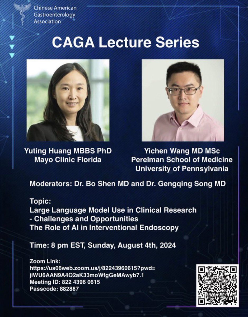 Reminder: CAGA Webinar TONIGHT at 8 PM EST
“Large Language Model Use in Clinical Research” with Dr. Yuting Huang and Dr. Yichen Wang. See you there! 
Zoom Link: us06web.zoom.us/j/82243960615?…
Meeting ID: 822 4396 0615 
Passcode: 882887