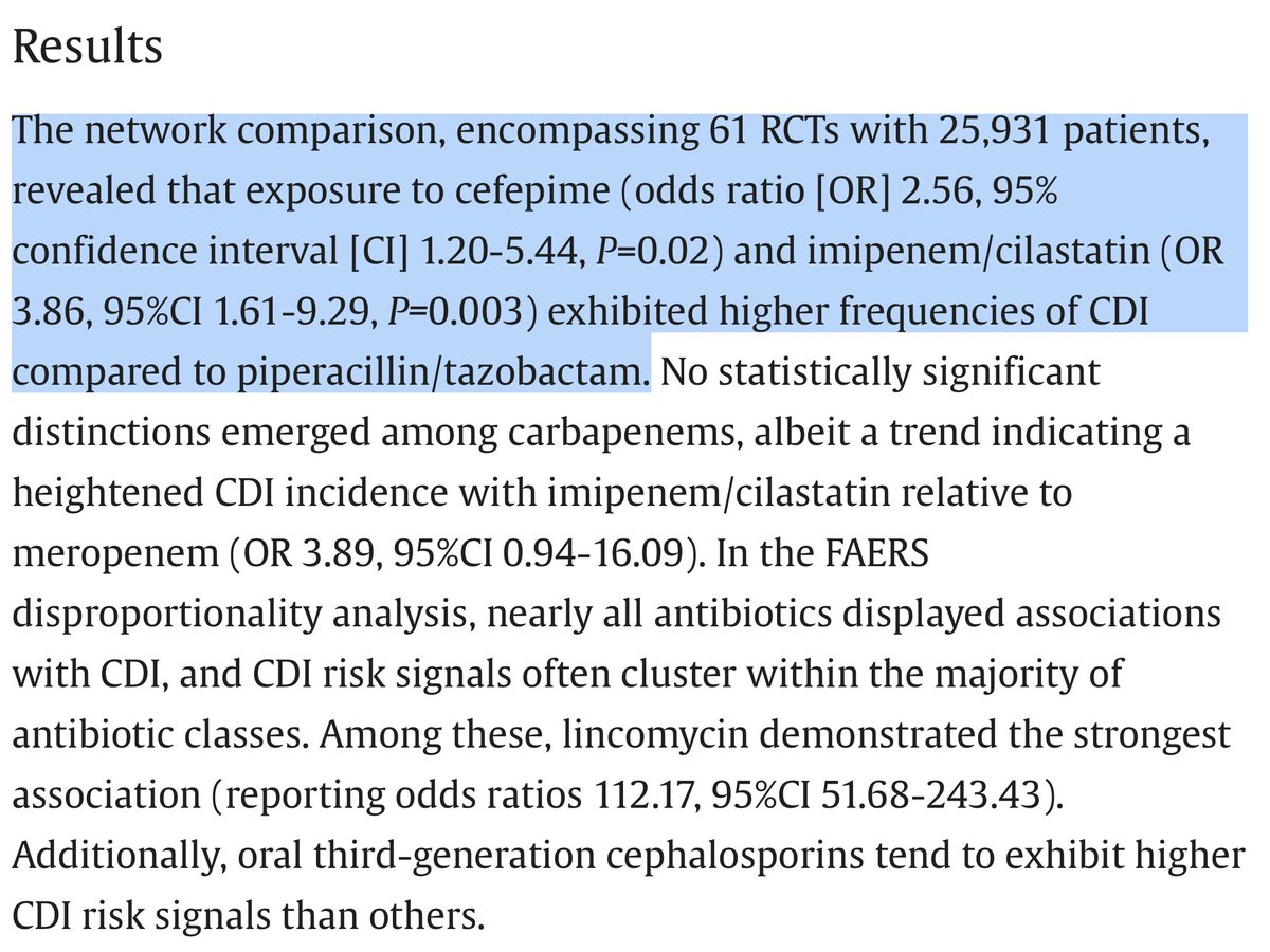 💩 additional evidence that cefepime causes more CDiff than piptazo

💩theoretically piptazo has anaerobic coverage so you might assume that it should cause more CDiff.. but it doesn't

💩 this is why we need EBM, not handwaving about saving the anaerobes

sciencedirect.com/science/articl…