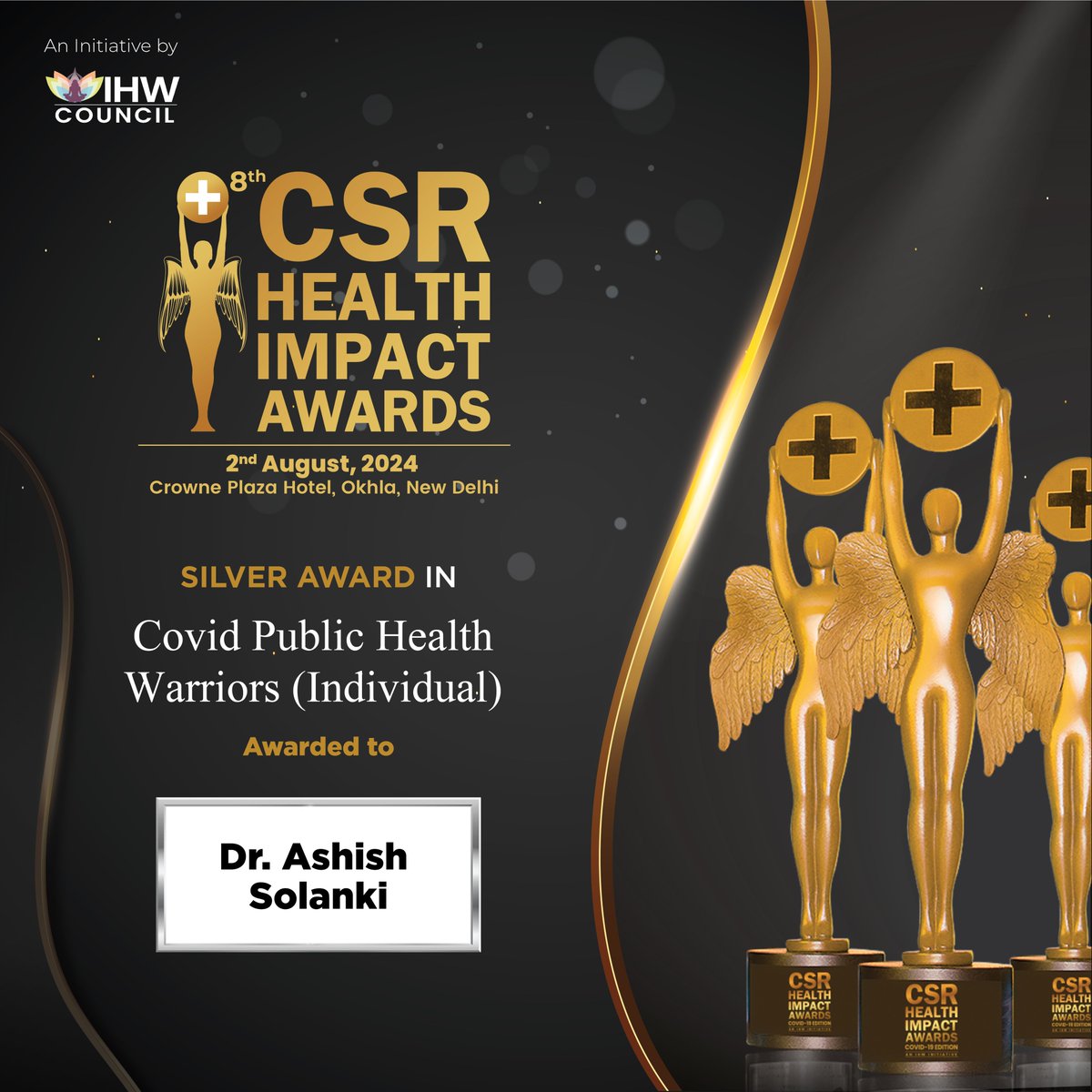 IHWCouncil's tweet photo. Congratulations to Dr. Ashish Solanki, Program Manager Humanitarian at American India Foundation, for being recognized with the Silver award in the COVID Public Health Warriors (Individual) category at the #CSRHealthAwards!  

#CSRHealth #CSR #CSR4Health https://t.co/PmkxOpgxtY