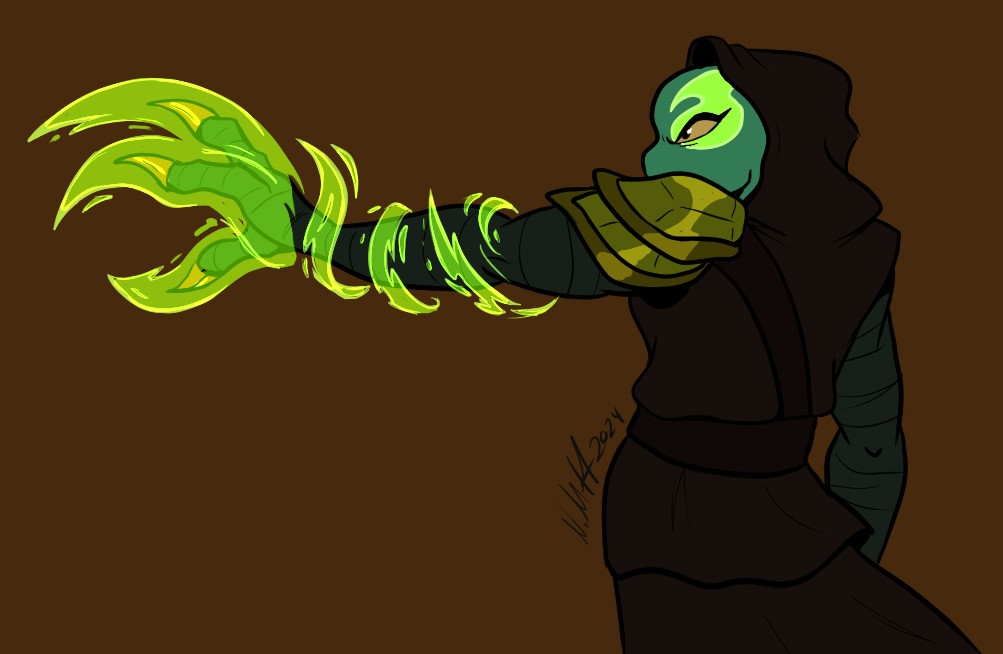 Zinzabee's tweet photo. DARK NINPO YES!! I love the idea that maybe hers is green (like Splinter and Karai's) but it has that more yellowish tint sort of like the empyrean? To visually tie her closer to the Hidden City and that world 

(thank you again for answering our questions, Ron!) https://t.co/zLx0LkwFUh