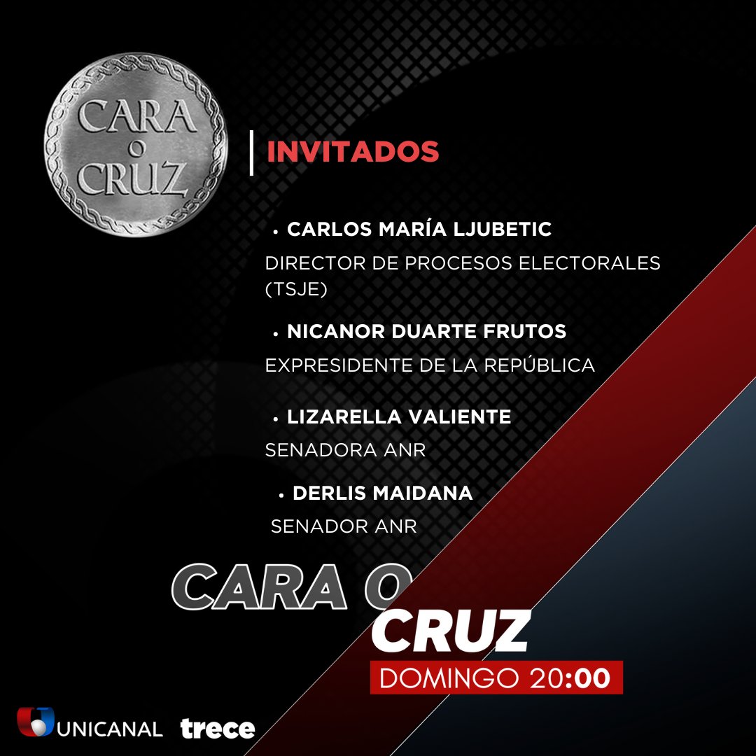 Edición imperdible de #CaraOCruz🪙

👉Nos visita el Director de Procesos Electores, Carlos María Ljubetic.

➡️ Además, el expresidente de la República, Nicanor Duarte Frutos, y los senadores Lizarella Valiente y Derlis Maidana.

📺Prendete a las pantallas de #Unicanal desde las