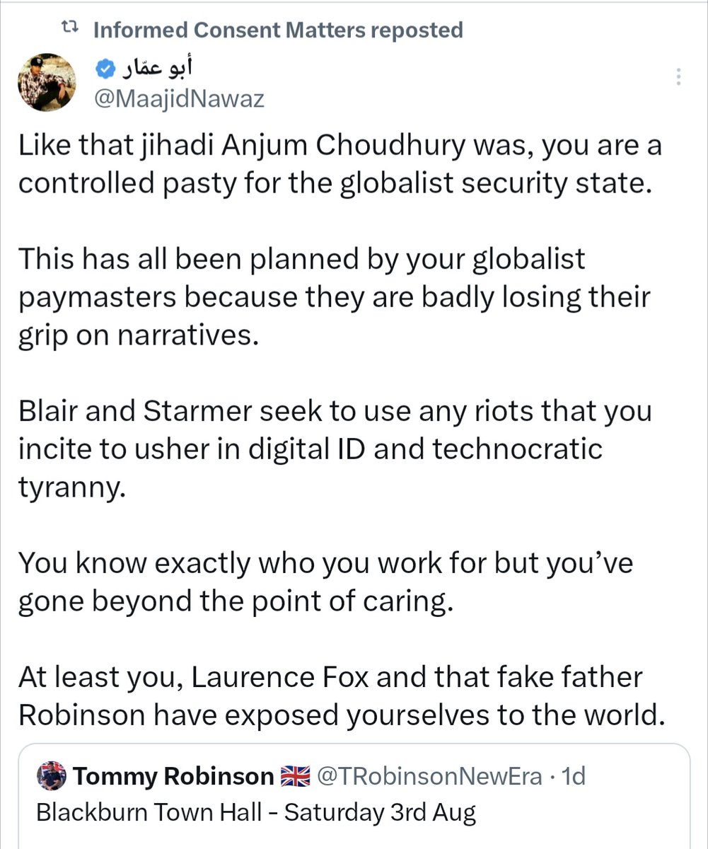 _johnbye's tweet photo. More predictably, former LBC presenter Maajid Nawaz blames "globalists" and their "controlled pasties" (or possibly patsies) for the violence. Although he can't decide if their goal is to stop Nigel Farage becoming PM or to build support for an Israeli attack on Iran. 🤷‍♂️ https://t.co/xdzer6q9ik
