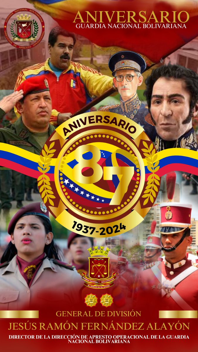 Felicitaciones a todos por el Aniversario de nuestra invicta Guardia Nacional Bolivariana. Hoy después de 87 años, ratificamos el compromiso histórico de proteger al pueblo, garantizando la paz y el orden público. #87AniversarioGNB