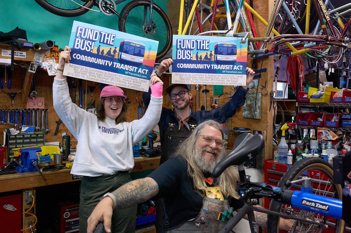 Ayla, Jay, and Jerry support the Community Transit Act!

"Muni is fundamental to our business, our ethos, our existence. Our love language at Scenic Routes is reliability — we rely on our bikes, on our loved ones, on our community and on Muni. Fund the bus." – Jay Beaman, Owner