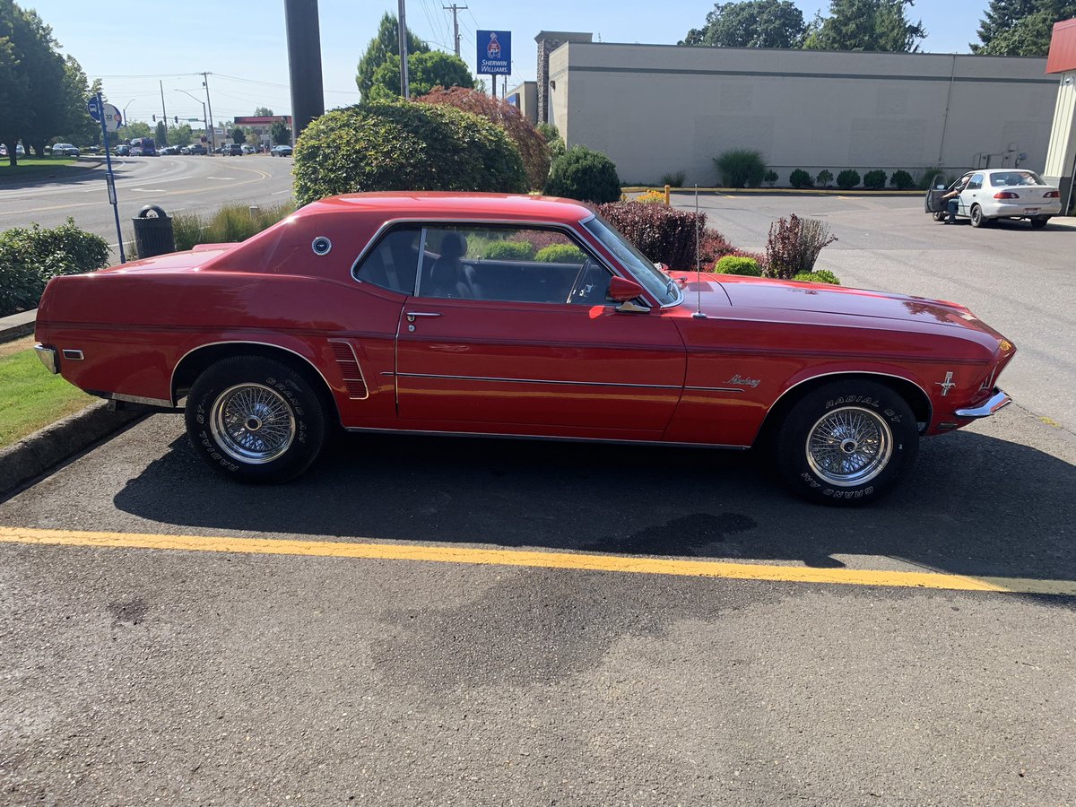 MBfromtheOC's tweet photo. Period correct wheel sure does change the look. Today she’ll get the front spoiler, hood scoops and rear spoiler to complete the transformation. #mustang #classicmustangs #1969mustang https://t.co/cLo2W4ANBj