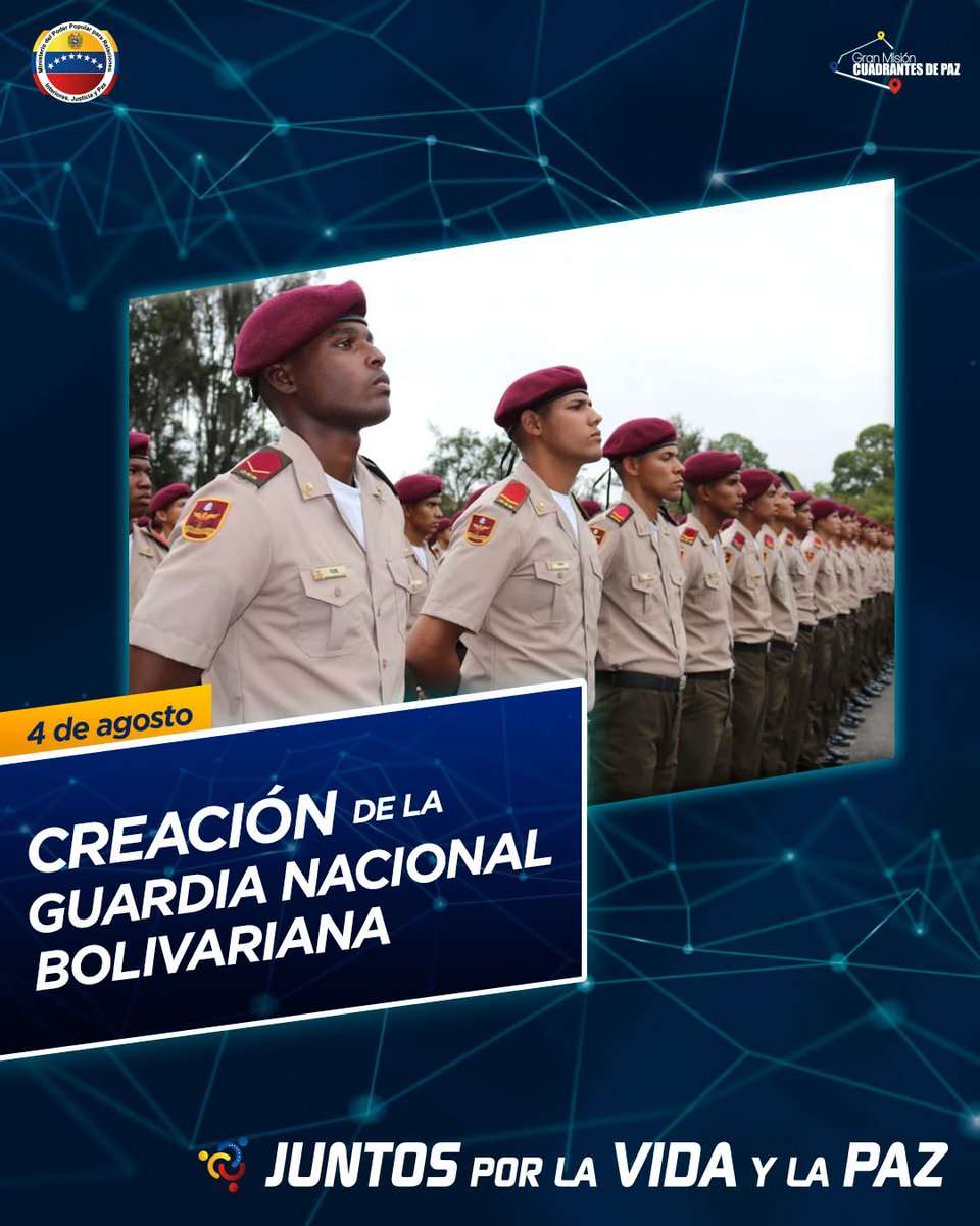 Hoy #4AGO día de la Gloriosa @GnbgarantedePaz, felicitamos a sus mujeres y hombres quienes protegen al Pueblo en función de justicia social, llevando al deber por consigna y por alta divisa el honor, 87 años sirviendo y defendiendo a la Patria con amor y lealtad