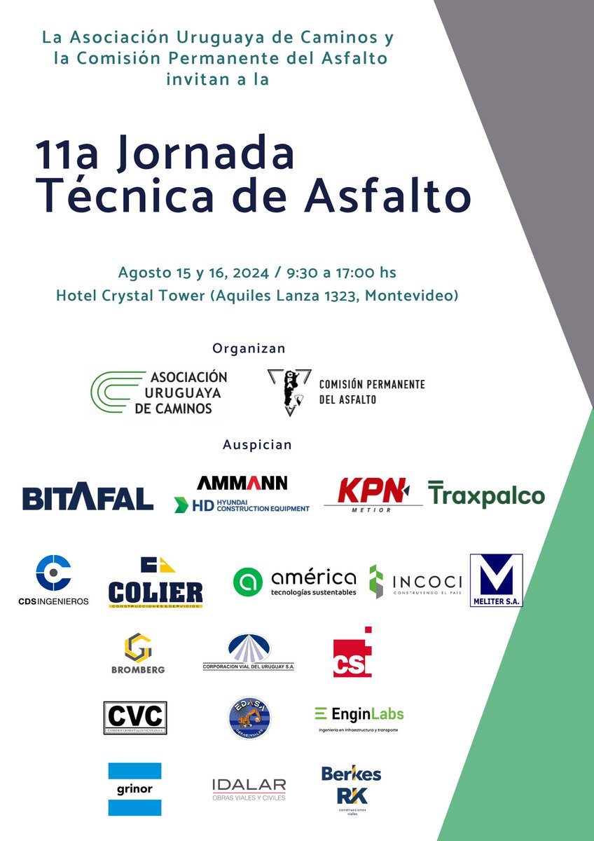 La Asociación Uruguaya de Caminos <a href="/AUCaminos/">AUC</a>  organiza la 11º JORNADA TECNICA del ASFALTO

📅15 y 16 de agosto 2024 - Montevideo - Uruguay

Toda la info aqui 👉auc.com.uy/event/11a-jorn…