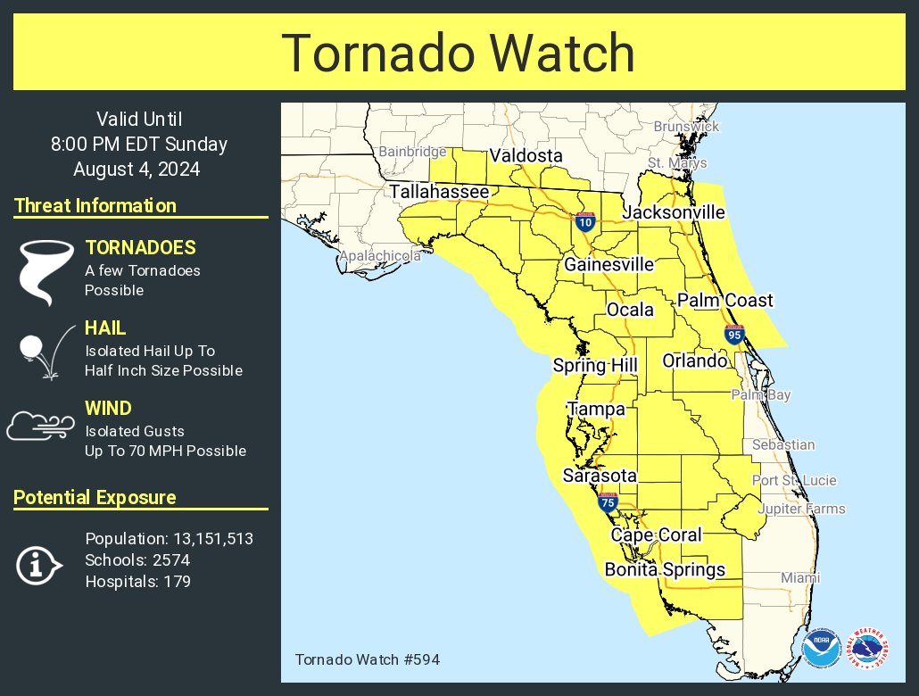 A tornado watch has been issued for parts of Florida and Georgia until 8 PM EDT