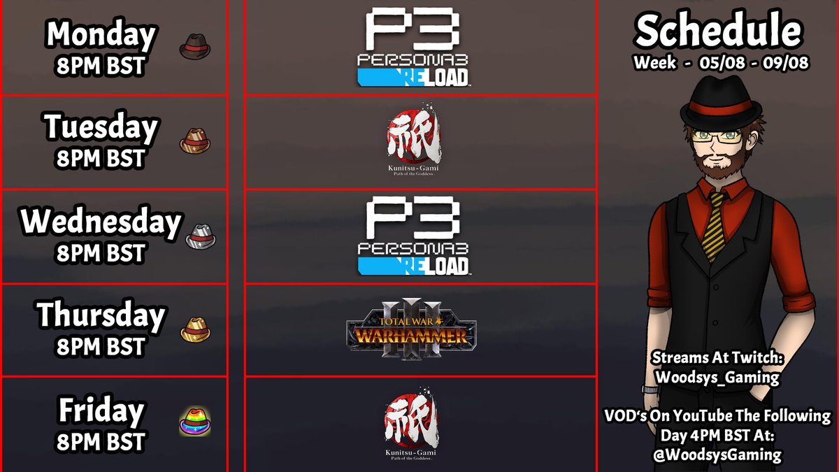 Here is the stream schedule for this week, as per usual all streams are subject to possible changes or cancelations.