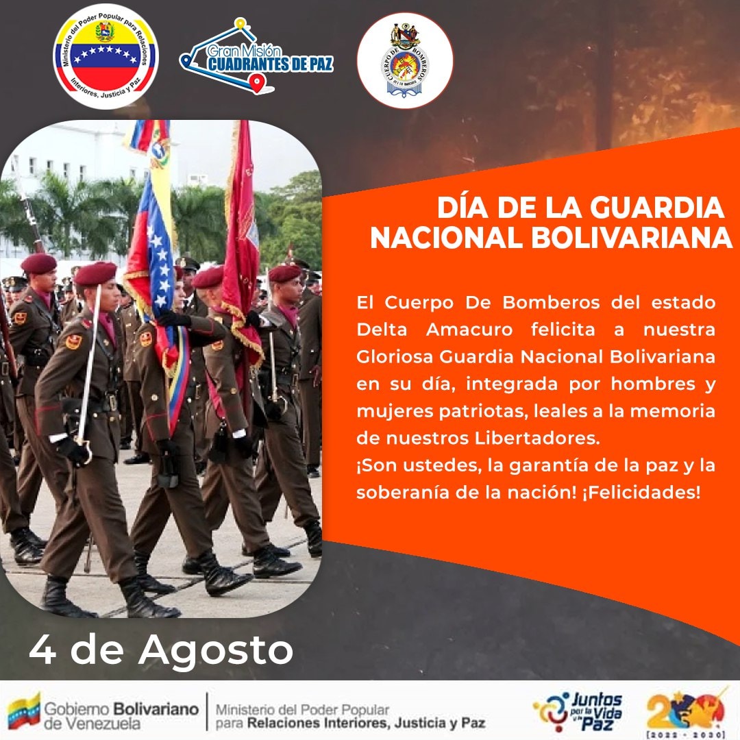 BomberosDelta22's tweet photo. Día de la Guardia Nacional Bolivariana.  
El Cuerpo De Bomberos del estado Delta Amacuro Hoy #4Ago felicita a nuestra Gloriosa Guardia Nacional Bolivariana en su día, integrada por hombres y mujeres patriotas, leales a la memoria de nuestros Libertadores #VenezuelaPazYJusticia https://t.co/wq26tl8xYL