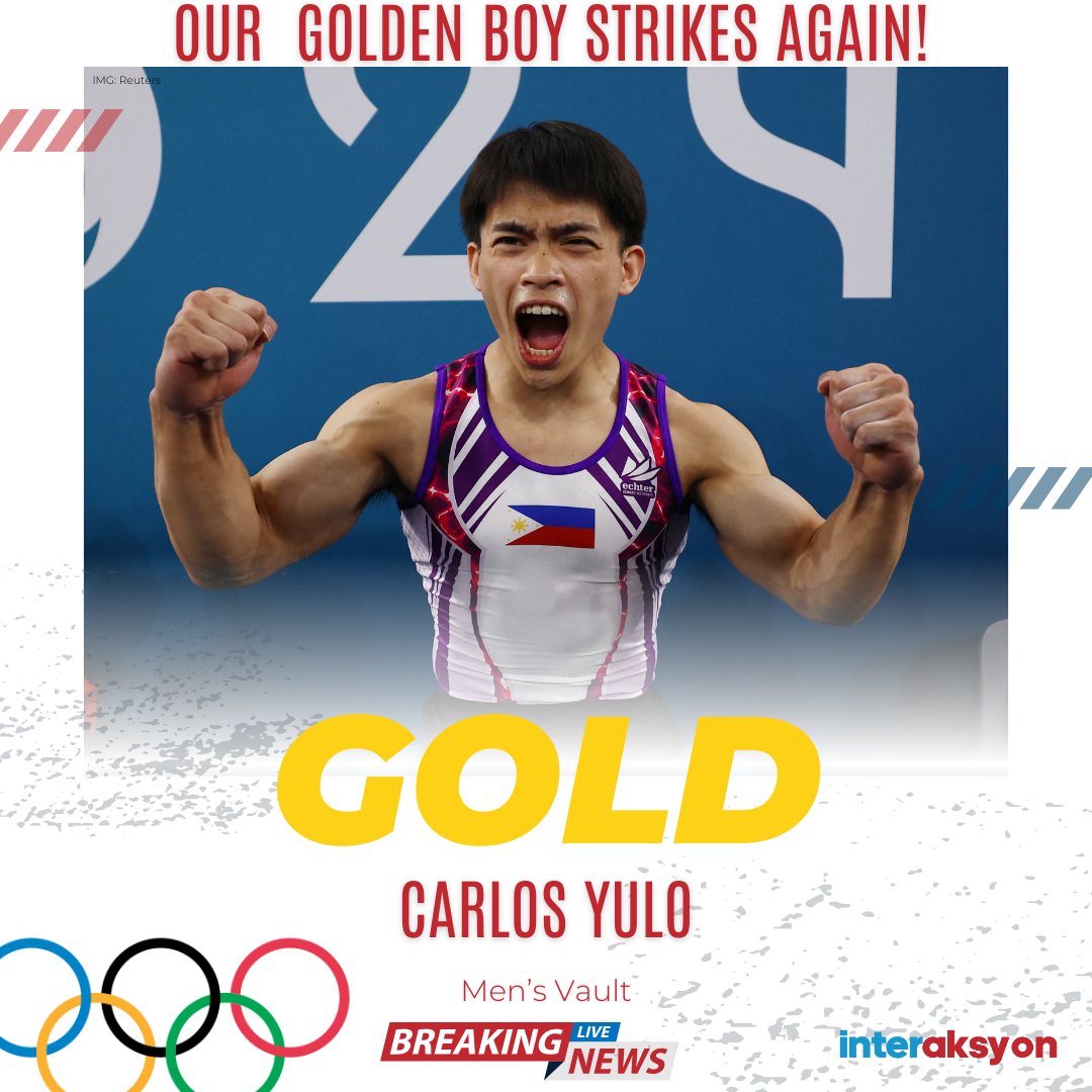 interaksyon's tweet photo. CARLOS YULO, PATUNAY SA HUSAY NG PILIPINO! 🇵🇭🥇

Filipino gymnast and Olympic gold medalist Carlos Yulo is in his zone as he achieves a historic feat by bringing home another gold medal at the #Paris2024 #Olympic artistic gymnastics vault finals this Sunday, August 4!

Read more #Paris2024 stories here: https://t.co/xAwcMvDmiC