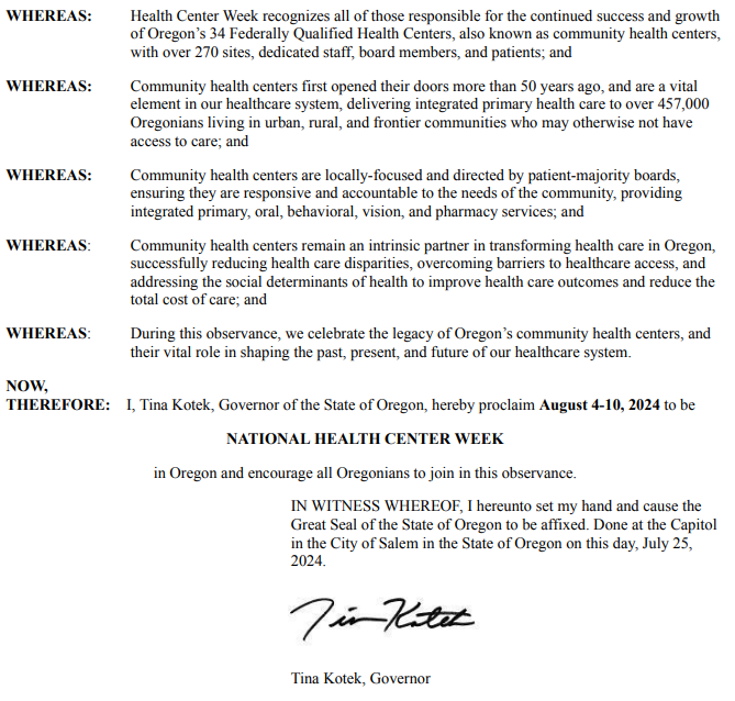 OregonPCA's tweet photo. OPCA and our health centers across the state would like to thank Governor Kotek for officially proclaiming August 4-10th, 2024 as National Health Center Week!
@orpol @orleg @HCAdvocacy @NACHC #CHCValue #NHCW2024 https://t.co/vtWIfOoXwG