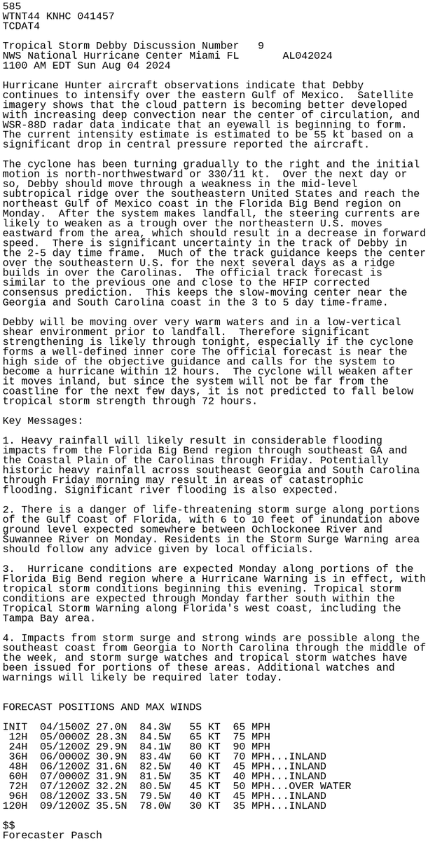 LimWeather's tweet photo. 65mph #Debby forecast to peak =>90mph C1 #Hurricane or even C2 at #Florida landfall;ALL interests should rush them to completion!
#Wxtwitter #tropicswx #wxx #HurricaneSeason #HurricaneSeason2024 #FLwx #GAwx #SCwx #NCwx #TropicalStormDebby #hurricanedebby #BigBend #VAwx https://t.co/yVO9E1V806