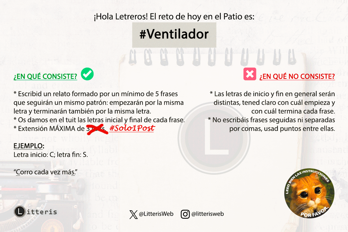 #PasaLitteris Página13
#Letreros, para hoy otro juego refrescante: #Ventilador. Las letras son:

➡️ Inicio: D | Fin: L
[Instrucciones en las imágenes😉]

¡A jugar, #Letreros, os leemos!

#EntrenaTusLetras #escritor
#Solo1Post
#Escritores #lectores
#SinJugadoresNoHayJuego