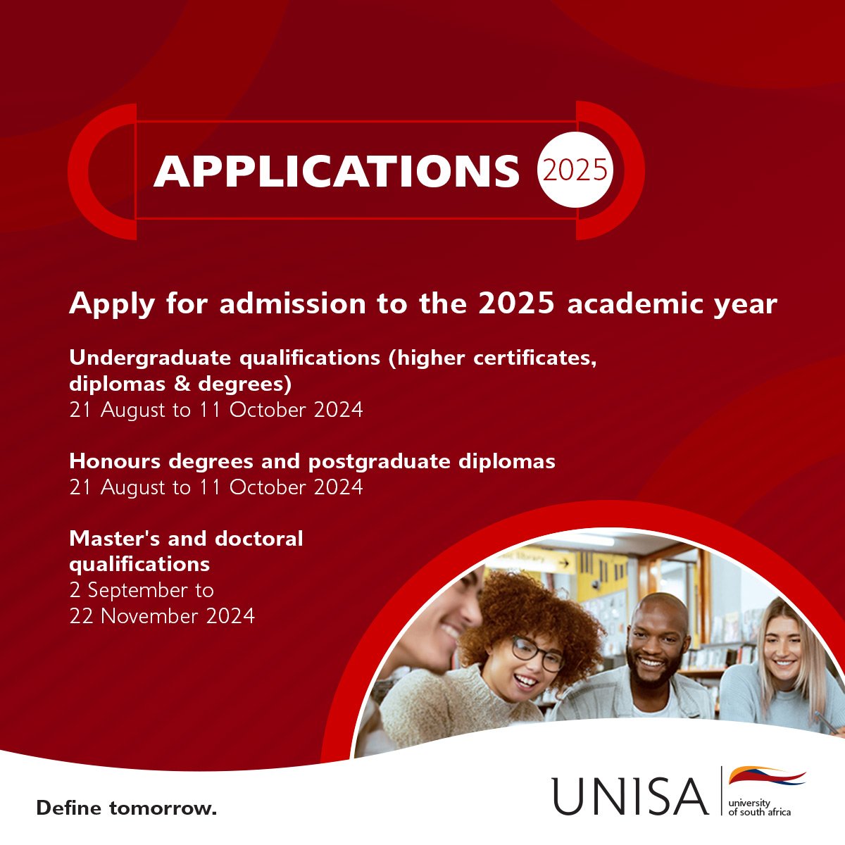 unisaradio's tweet image. REMINDER:@unisa Apply for admission to the 2025 academic year.
Undergraduate qualifications, Honours degrees and postgraduate diplomas will open from 21 August - 11 October 2024.
Master's and Doctoral qualifications will open from 2 September - 22 November 2024
#Unisa150andBeyond