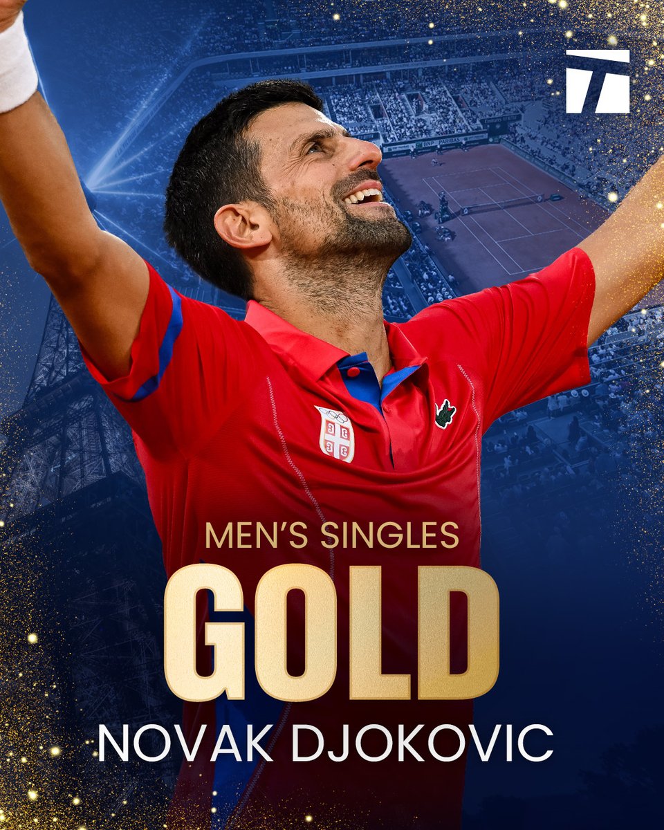 TennisChannel's tweet photo. 🇷🇸 NOVAK DJOKOVIC IS A GOLD MEDALIST ‼️ 

The Serb defeats Spain's Carlos Alcaraz to win his first Olympic gold medal 🤯 

#Paris2024 | #Tennis https://t.co/owaendgNuc