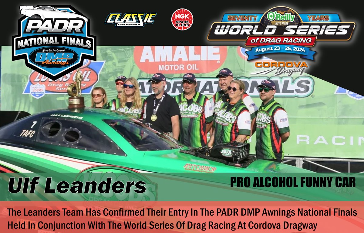 PADRSeries's tweet photo. Ulf Leanders will be racing in the Pro Alcohol Drag Racing DMP Awnings National Finals during the World Series Of Drag Racing at Cordova Dragway - August 23-25
#WorldSeriesOfDragRacing #PADR #TAFC #ProAlcoholFunnyCars @ArtOfFast @dmpawnings #CordovaDragway @_Ctech https://t.co/KqfMp8l2zU