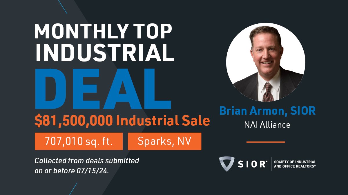 SIORglobal's tweet photo. The numbers speak for themselves. Shout out to Brian Armon, SIOR (@Brian_Armon_), for landing a $81.5M industrial sale for a 707,010 sq. ft. of space in Nevada, landing the top monthly industrial deal for the month of June. Well done!

Submit deals at https://t.co/MIjhajhz2H https://t.co/ORh3BLMt2F
