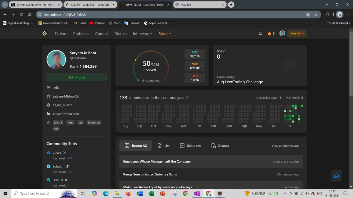 its_me_mishra's tweet image. LeetCode Dashboard and Daily Sums...I solve my first complex program...
Solve one leetcode problem a day keeps a programming fear away..
Completed a 50 problem at a Leetcode Platform
#leetcoder #programing #Coding #lifeofcoder
#javascript #Java #mysql