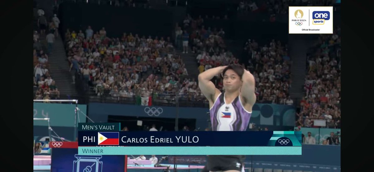 OneSportsPHL's tweet photo. After his floor exercise finals championship yesterday, Carlos Yulo bagged his second Olympic gold for the Philippines after top-scoring the vault event finals with a 15.116-point finish.

You are truly GOATED, Caloy! 🇵🇭

#OlympicGames #Paris2024 #100TaongLaban #ParaSaBayan https://t.co/AY9Xk2gKOF