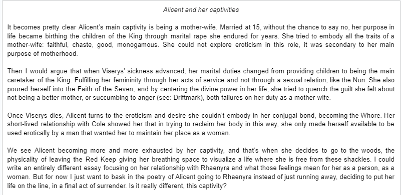 thanergy's tweet image. Here's my essay analyzing Alicent’s liberation in the context of her different prisons, using Marcela Lagarde's doctoral thesis about Women's Captivity in patriarchal societies.
It's only 1.3k words, couldn't fit it in a thread sorry💙
(spoilers for tonight's episode and F&B)