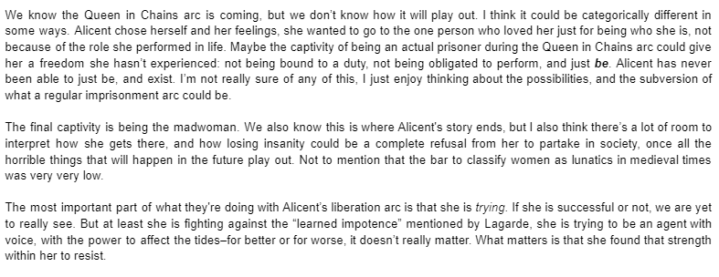 thanergy's tweet image. Here's my essay analyzing Alicent’s liberation in the context of her different prisons, using Marcela Lagarde's doctoral thesis about Women's Captivity in patriarchal societies.
It's only 1.3k words, couldn't fit it in a thread sorry💙
(spoilers for tonight's episode and F&B)