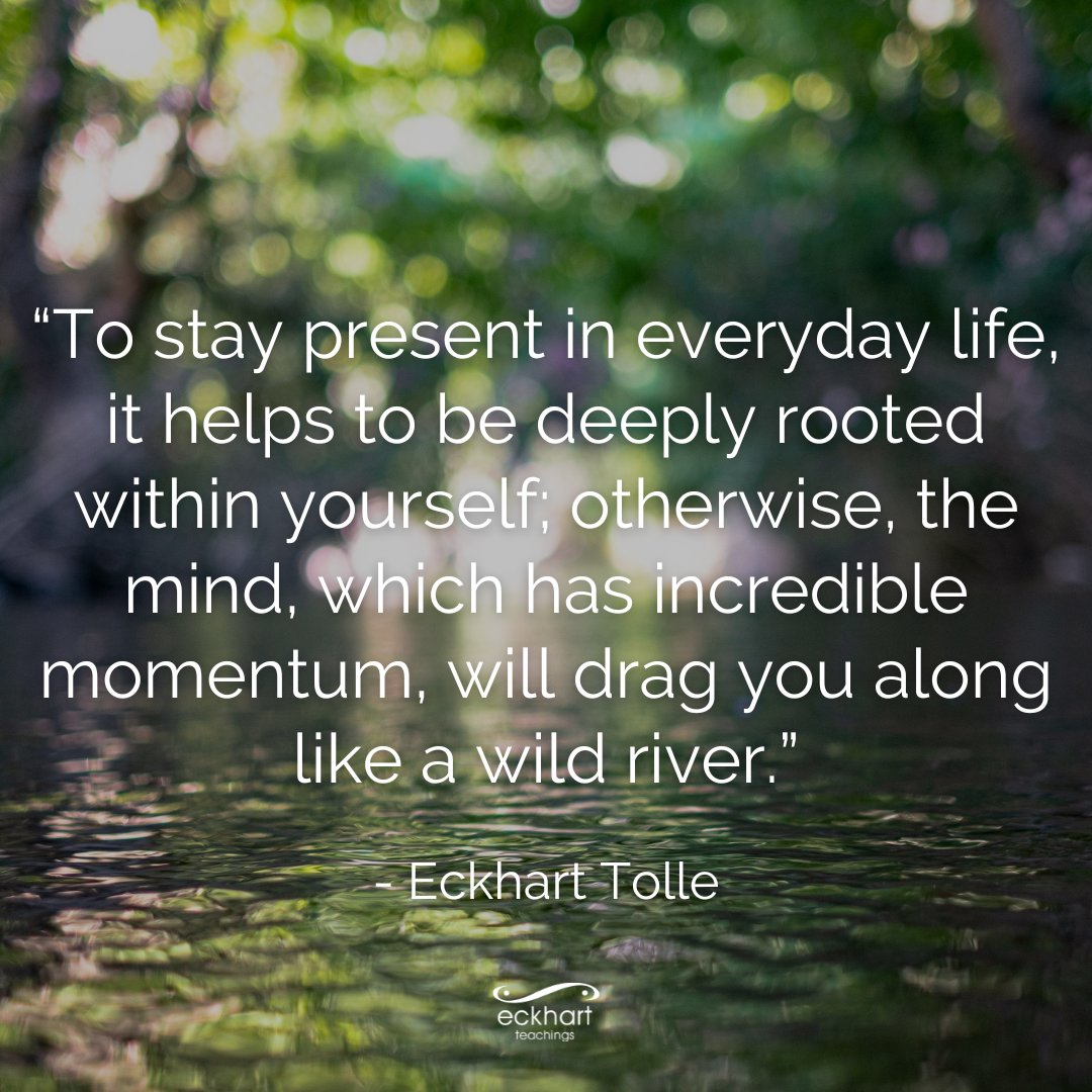 EckhartTolle's tweet photo. “To stay present in everyday life, it helps to be deeply rooted within yourself; otherwise, the mind, which has incredible momentum, will drag you along like a wild river.” —Eckhart Tolle https://t.co/1yg1Emhki4