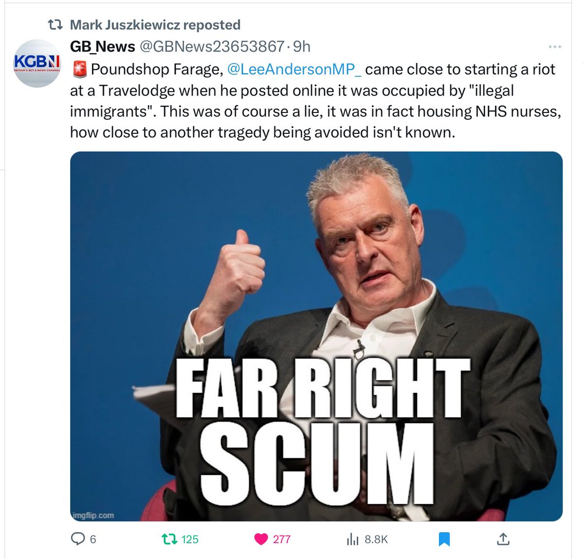 KevinAMcDonald7's tweet photo. @LeeAndersonMP_ My view.
#DogWhistling #RascistCunts caused this. Y’know, #HamFacedWankers saying their #HardofThinking followers are the ‘ Peoples Army’
That’s YOU #GriftingFascistCunt #OwnedbyPutin
https://t.co/yyRUjoywON
https://t.co/RQlMyqm7bY
https://t.co/zEFLFuaP70
#FarageRiots https://t.co/Br1rQTv49M