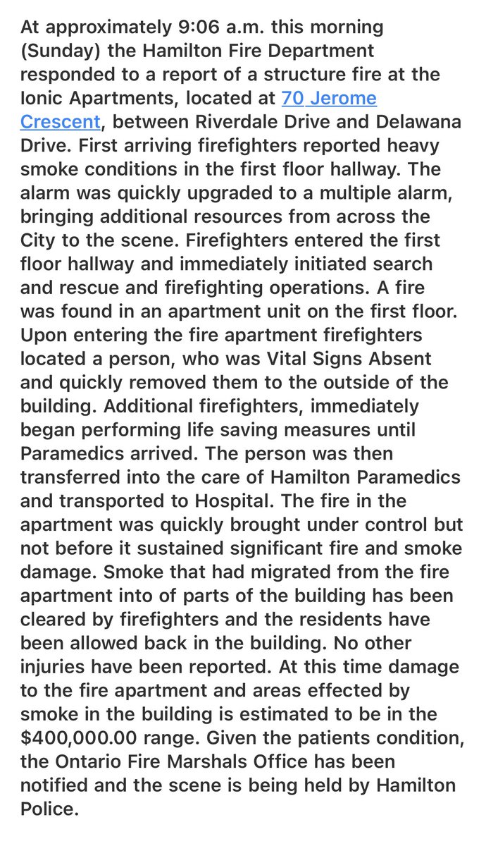 ACollinsPhoto's tweet photo. Hamilton Firefighters rescue person from Sunday morning apartment fire https://t.co/AwNYQuhkjS