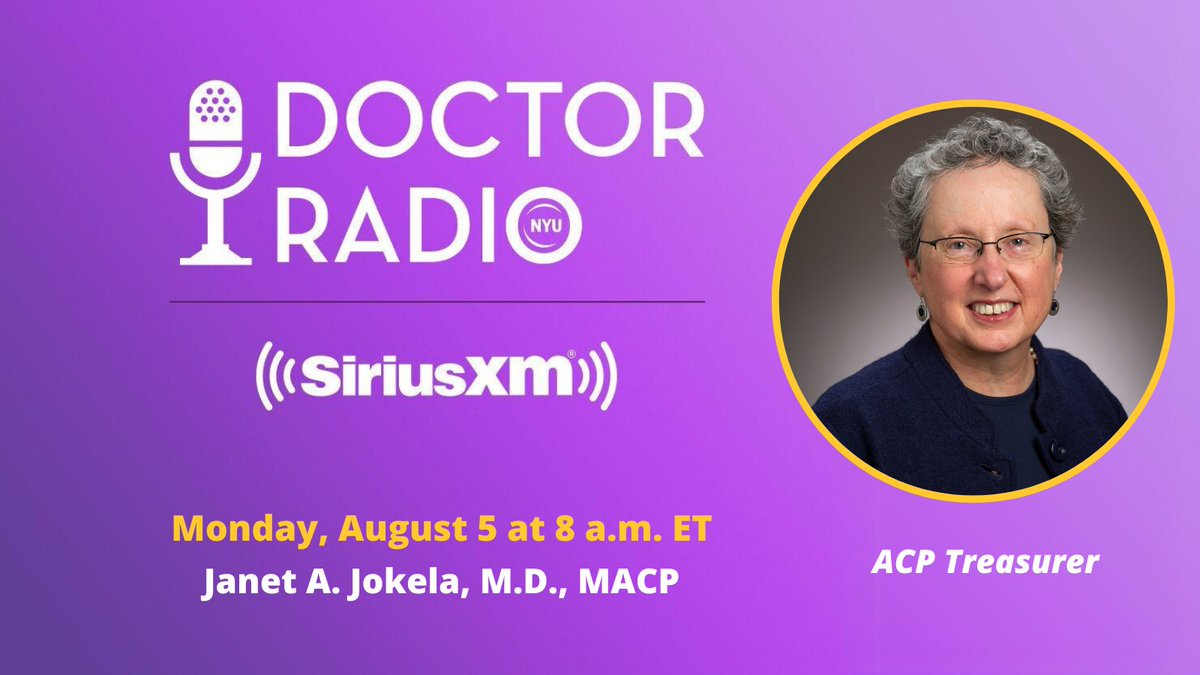 ACP (@acpimphysicians) on Twitter photo Tune in to @siriusxm on Monday at 8 a.m. ET to hear ACP Treasurer <a href="/drjanetj/">Janet A. Jokela</a> and @nyudocs #InternalMedicine host @rabiadelatour discuss immunization. #IMPhysician #IMProud Tune in to @siriusxm on Monday at 8 a.m. ET to hear ACP Treasurer <a href="/drjanetj/">Janet A. Jokela</a> and @nyudocs #InternalMedicine host @rabiadelatour discuss immunization. #IMPhysician #IMProud