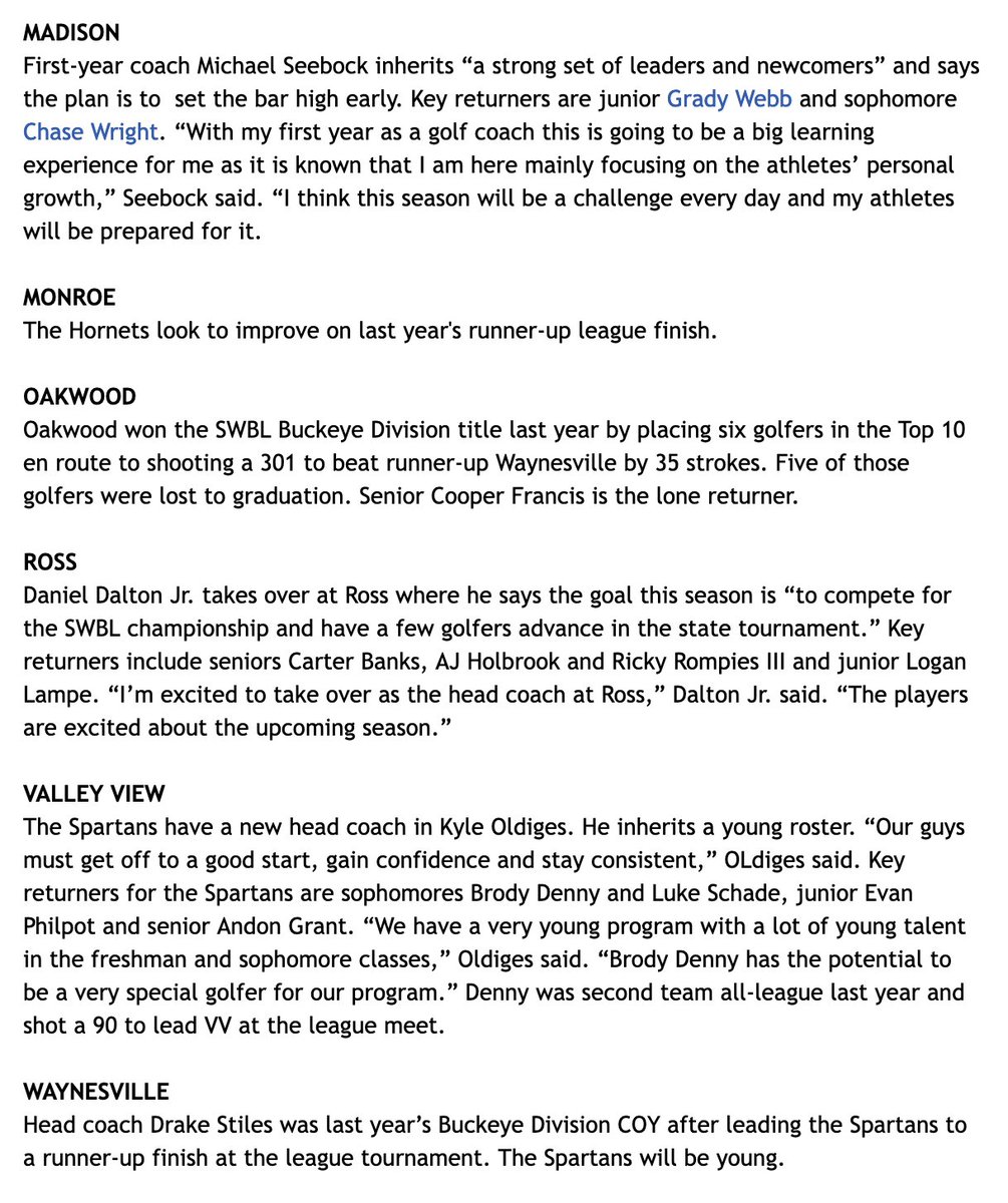 SWBLSPORTS's tweet photo. SWBL 2024 Boys Golf Preview https://t.co/R3zRGgJpzU @vvspartans @vv_spartans @EatonEaglesHS @MadisonMohawks @BVILLEATHLETICS @Carlisleathlet1 @BellbrookSports @BellbrookSchool @OakwoodHigh @wayne_local @WVilleAD @HornetsInGame @MonroeLSD @berryjohnt @TheEdgeAthletic @RossRamsAD https://t.co/SD1QzoD64k