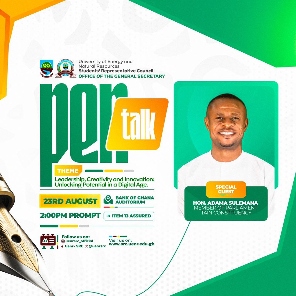UenrSrc's tweet photo. This timely topic will be explored by Hon. Sulemana, who will share his insights on how to lead, create, and innovate in today’s digital world.

🧭BoG AUDITORIUM, 2:00 pm

#PenTalk
#UenrSrc https://t.co/R9wrUoJmRB