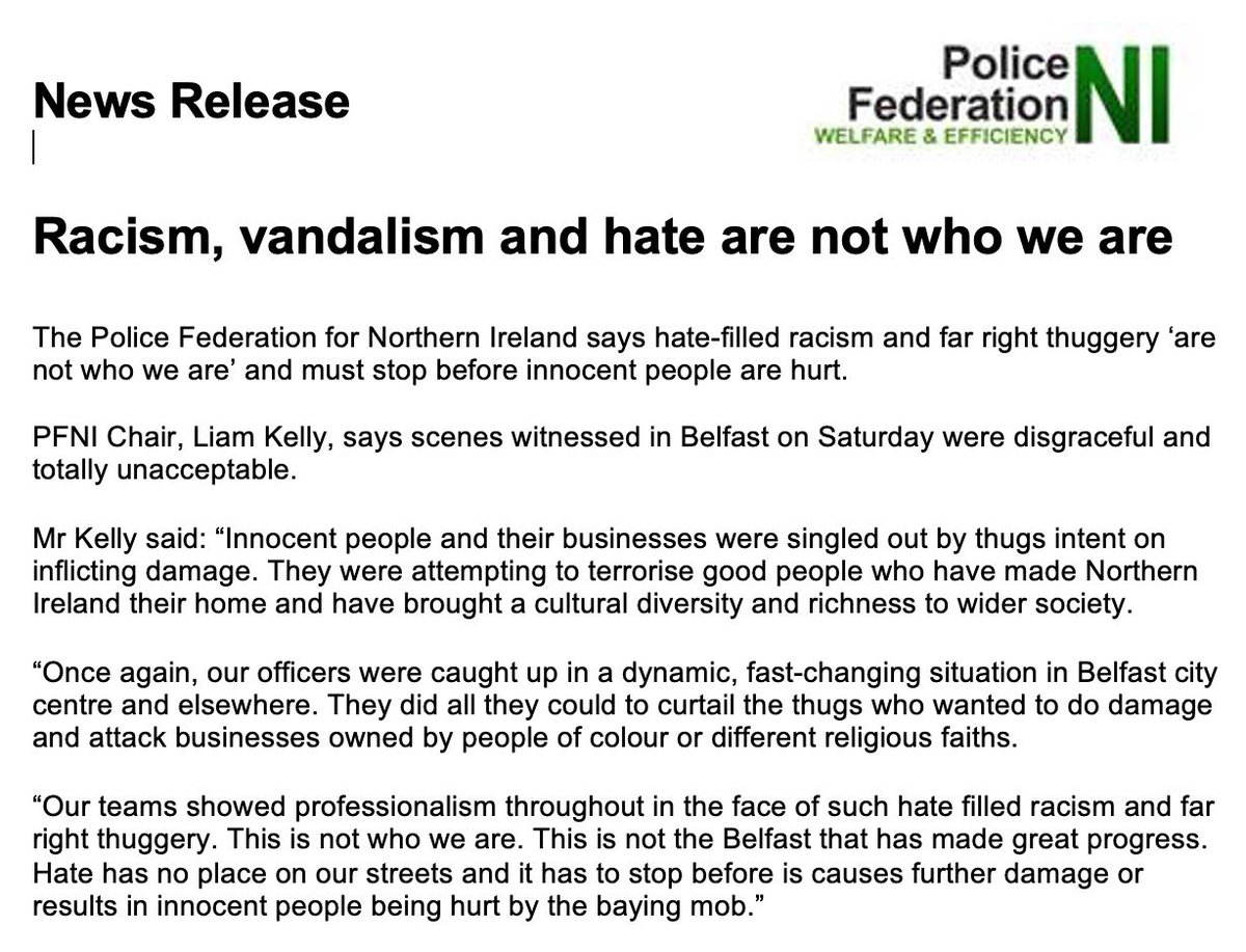 The PFNI says hate-filled racism and far-right thuggery are not who we are. <a href="/ChiefConPSNI/">Office of the Chief Constable</a> <a href="/PoliceServiceNI/">Police Service NI</a> <a href="/NIPolicingBoard/">NI Policing Board</a> <a href="/Justice_NI/">Justice NI</a> 
Here’s our News Release in full: